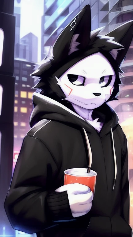 by zackary911, (café con soda:1.1), Hioshiru, zackary911, pure, anthropo, male, Alone, Clothes, by, 2022, black Clothes, hoodie, Clothes de abrigo negra,  eyes with eyelids , black hoodie,  cyberpunk city background, 