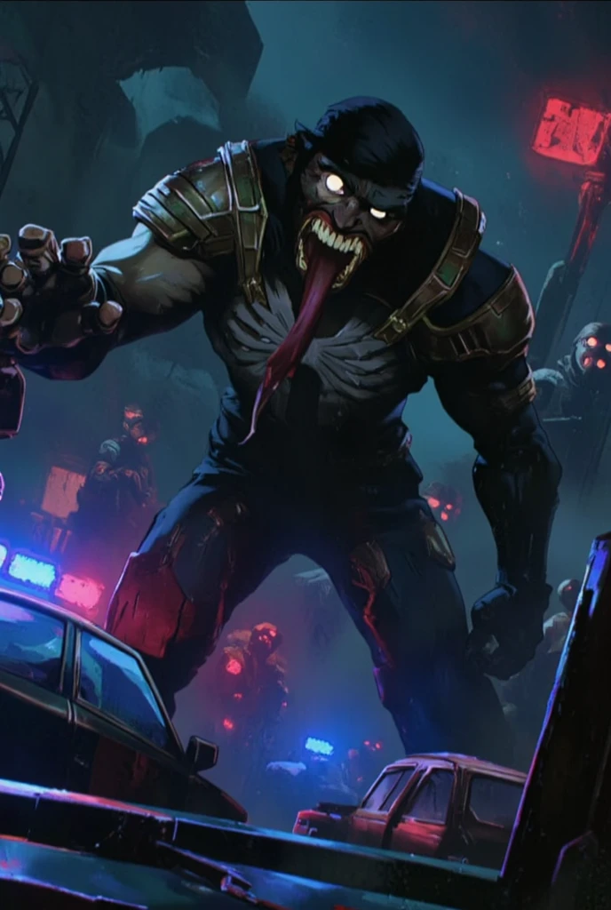 A dark and gritty depiction of Venom in the Arcane art style, with his black symbiotic suit appearing slick and alive, pulsating with glowing veins of white. His sharp teeth and long, menacing tongue are accentuated with neon lighting effects. The chaotic city alley behind him is illuminated by red and blue police lights, casting eerie shadows on his towering, muscular form. Faint tendrils of the symbiote curl outwards, ready to ensnare his prey.