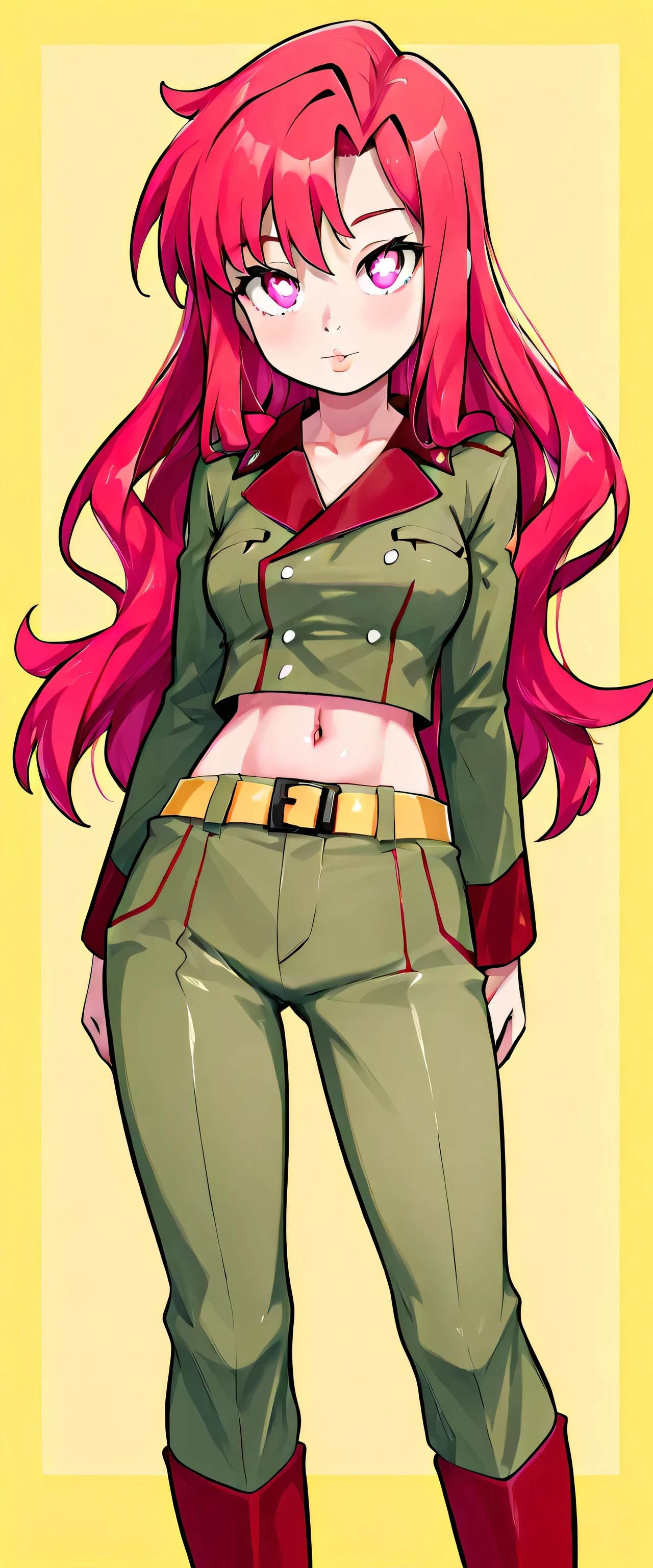 A Russian woman tender big breasted kind wavy hair longer bright red her eyes brown rectangle pupils big lips Rosa is light green military suit brushes yellow line shows navel and her light green pants wearing a yellow belt