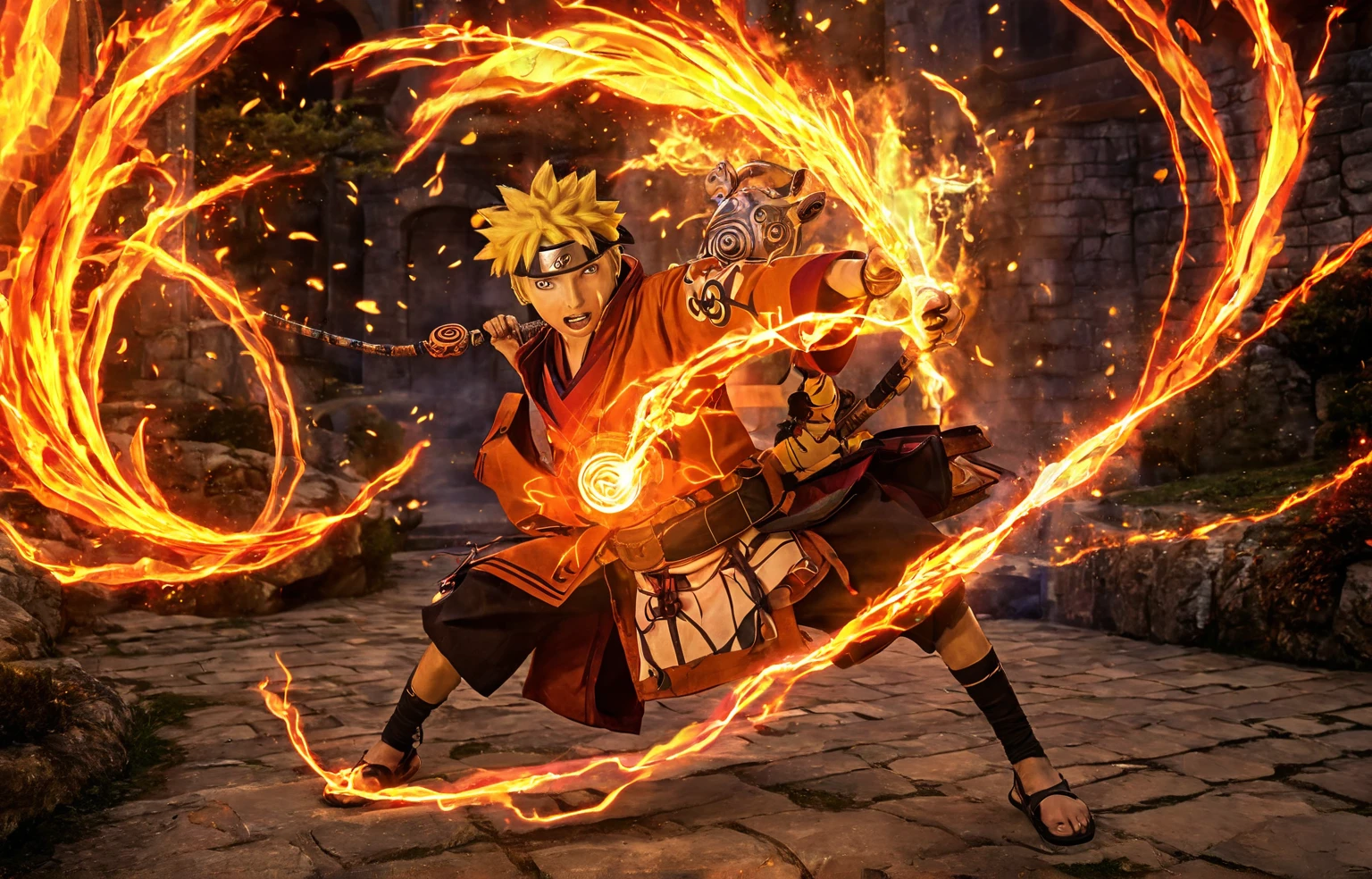 Naruto unleashing the power of the fox from Nine Caldas with fire details