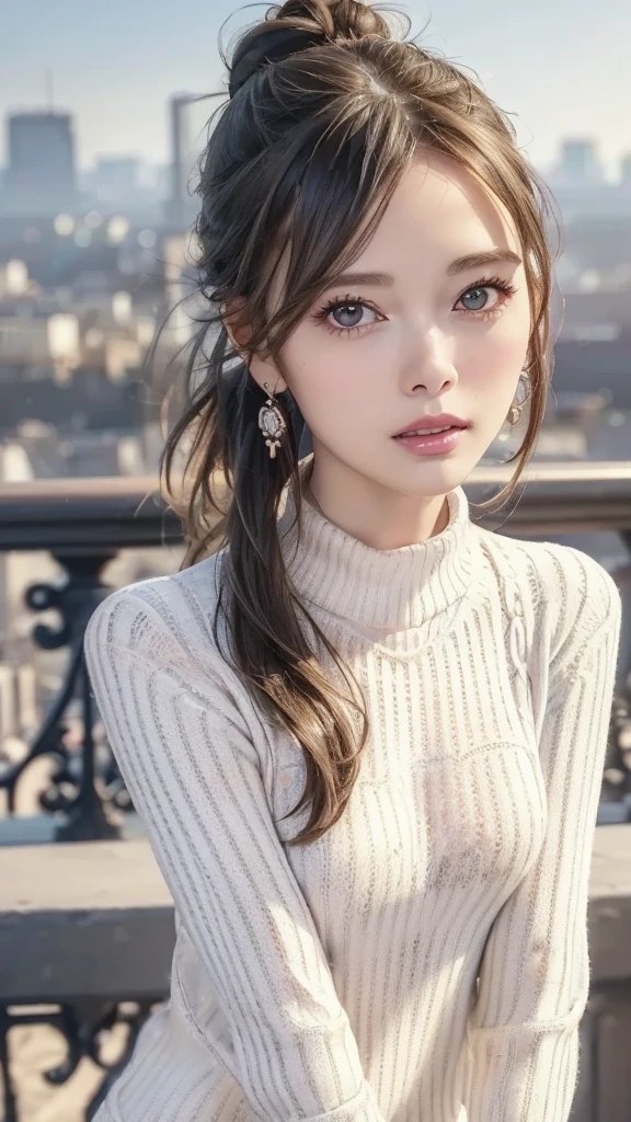 (Cowboy shooting), Touch from the front, Look at the viewer, (Focus on face), Shopping,
1 girl, cute girl, slender, small face, (((shiny skin))),
(((white knit sweater, crevice, long sweater, fitted sweater))), black long boots,
((brown hair)), (((bun))), ((short bangs)),
shiny pink cheeks, glossy pink lips, pink eyeshadow, dark eyeliner, dark mascara,
sexy earrings, sexy necklace,
((outdoors)), Europe, (((Paris cityscape))), autumn, leaves,
blurry background, amazing, epic scale,
(highest quality), (high quality), ( masterpiece ), (4k, 8k, RAW photos), (highly detailed face and skin texture),
(very elegant and beautiful, perfect detail, super detailed), Beautifully detailed whole body, depth of boundary,