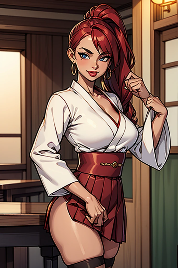 1girl, modern fantasy, small sultry japanese woman with tanned skin, tan skin, 18 years old, short height, (round) fake breasts, cleavage, wavy (crimson hairs) with side bang, very long hair ponytail, (white kimono top), long sleeves, ((very long (green pleated) skirt:0.7)) with (slit on the side), crimson obi, vibrant blue eyes, mischevious smile, mole under right eye, loop earrings, red lips, full lower lip, (full lower lip),  flirting in a coffee shop, assertive, side_slit, crimson hairs, green pleated skirt, stockings