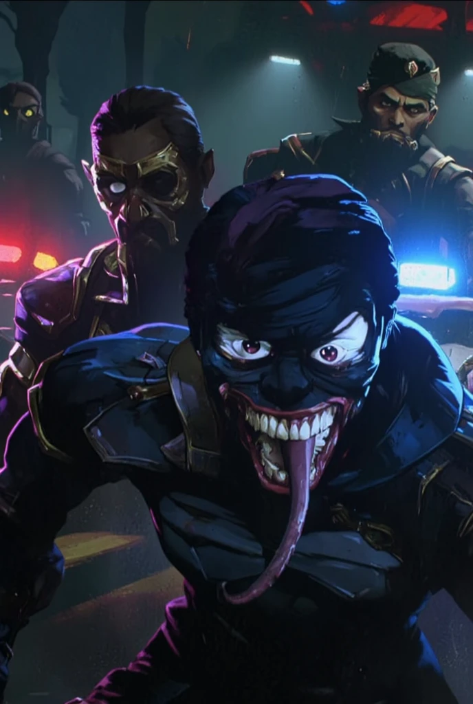 A dark and gritty depiction of Venom in the Arcane art style, with his black symbiotic suit appearing slick and alive, pulsating with glowing veins of white. His sharp teeth and long, menacing tongue are accentuated with neon lighting effects. The chaotic city alley behind him is illuminated by red and blue police lights, casting eerie shadows on his towering, muscular form. Faint tendrils of the symbiote curl outwards, ready to ensnare his prey.