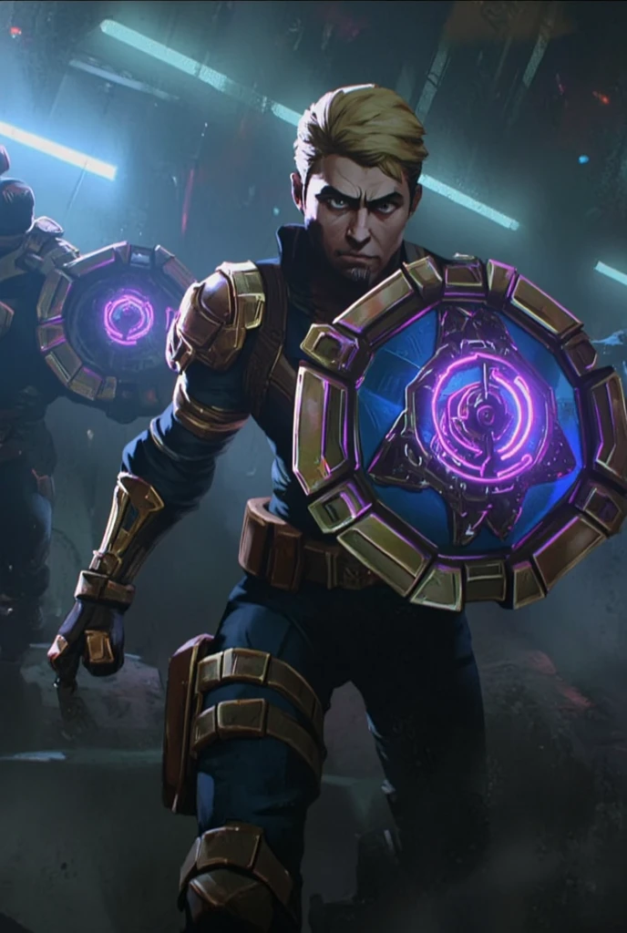 A stunning Arcane-style rendition of Captain America, his classic blue, white, and red costume reimagined with a more rugged, steampunk aesthetic. His vibranium shield, glowing with intricate patterns, shines under the neon lights of a futuristic battlefield. Steve Rogers has short, messy blonde hair and a determined expression. His muscular build is accentuated by the dark, moody atmosphere, while glowing elements of his suit hint at hidden tech and enhancements. The background is a war-torn cityscape with scattered debris and faint light sources piercing through the smoke-filled air.