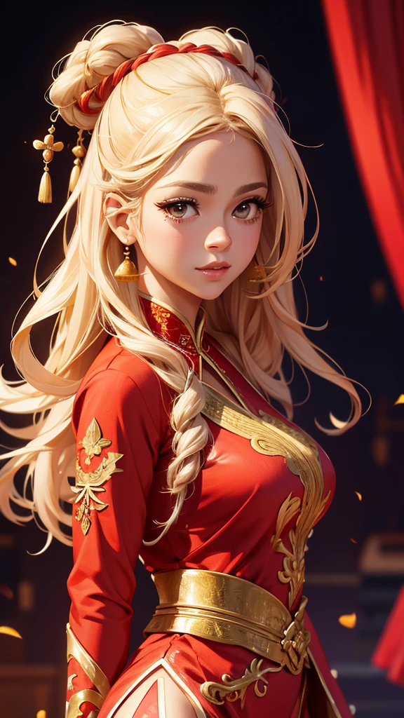 Top quality masterpiece illustrations、Blonde hair and red eyes、Wearing a necklace、Girl in cheongsam looking up、Beautiful face with hair in side ponytail at upper body angle is fair.。