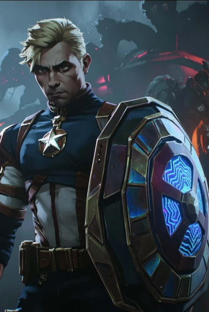 A stunning Arcane-style rendition of Captain America, his classic blue, white, and red costume reimagined with a more rugged, steampunk aesthetic. His vibranium shield, glowing with intricate patterns, shines under the neon lights of a futuristic battlefield. Steve Rogers has short, messy blonde hair and a determined expression. His muscular build is accentuated by the dark, moody atmosphere, while glowing elements of his suit hint at hidden tech and enhancements. The background is a war-torn cityscape with scattered debris and faint light sources piercing through the smoke-filled air.