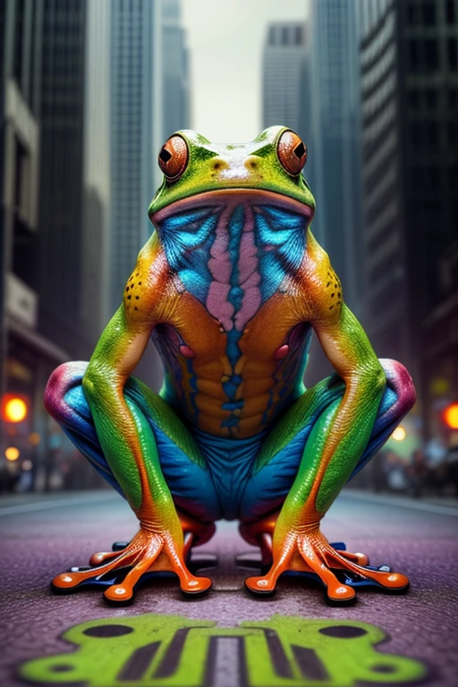 Spray paint in graffiti the word ,((FROG.)) Then have a real neon multicolored frog sitting in front of it. The frog is neon multicolored and sits in front of his name FROG. He takes one hand and puts it in his chest like he is giving his gang sign. photorealistic, cinematic photography, cinematic lighting, cinematic portrait, portrait photography, realistic, realism, ultra detailed, UHDR, full focus, highest quality, hyperrealistic,3D Rendering, 8K Octane, Cinematic, Cinematography, Digital Art, Photorealistic, Pixel Art, Pixel Assets, Depth Of Field, Best Quality, Award Winning, Masterpiece