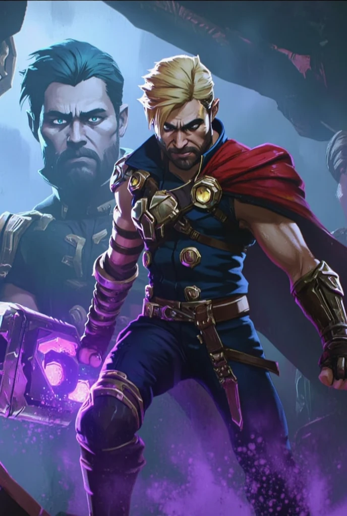 An epic Arcane-inspired portrayal of Thor, his red cape flowing dramatically in the wind. His armor is a mix of traditional Asgardian and Arcane-style steampunk influences, with intricate brass and silver details. Mjolnir, glowing with violet energy, is held in his hand as thunderclouds swirl above him. Thor's blonde hair, messy from battle, adds to his rugged appearance, with his piercing blue eyes glowing with the power of the storm. The background is a tempestuous sky filled with lightning, as shards of mystical energy crackle around him.