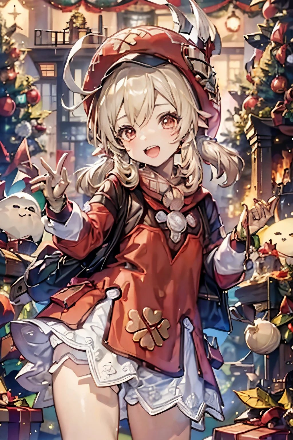 Klee from Genshin Impact wearing a Christmas hat and Christmas sweater, Christmas time, cute, sweet.
