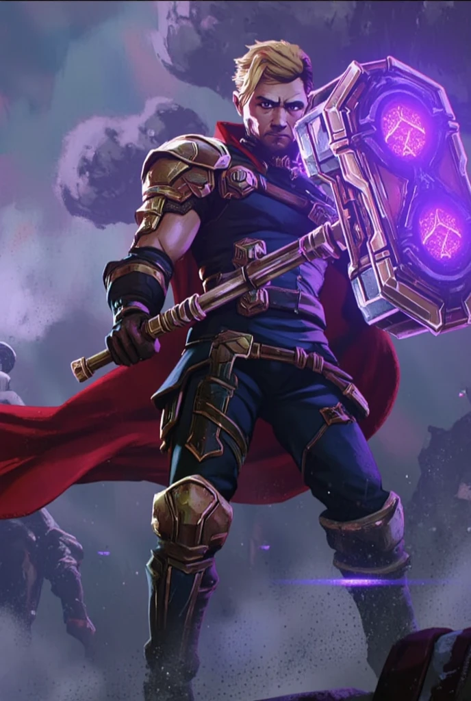 An epic Arcane-inspired portrayal of Thor, his red cape flowing dramatically in the wind. His armor is a mix of traditional Asgardian and Arcane-style steampunk influences, with intricate brass and silver details. Mjolnir, glowing with violet energy, is held in his hand as thunderclouds swirl above him. Thor's blonde hair, messy from battle, adds to his rugged appearance, with his piercing blue eyes glowing with the power of the storm. The background is a tempestuous sky filled with lightning, as shards of mystical energy crackle around him.