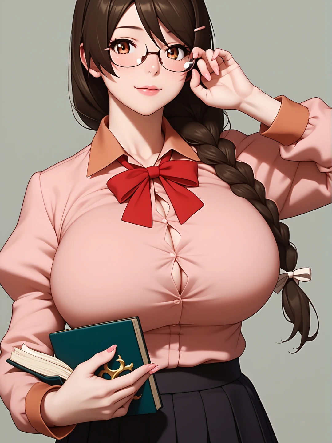  score_9,  score_8_up,  score_7_up,  score_6_up,   source_Anime, Anime_  STILLET STYLE ,   rating  _i doubt it, quality_  masterpiece  , Accurate_anatomy, Front Angle View ,  1 girl in uniform, Hanekawa, Big Breasts, ribbon, moreover _expensive_School_uniform, School uniform,   Long Sleeve  , puffy   Long Sleeve  ,   pink shirt ,   black skirt ,   Juliet skirt holding a book on her chest,   pleated skirt, clavicle,  I have glasses ,  holding a book on her chest ,   standing with different breasts ,   cute pose ,  plain background ,Busty, chewy boobs that are too big 