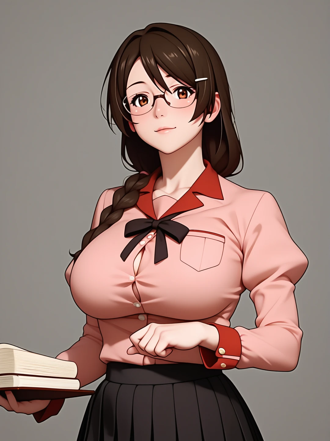  score_9,  score_8_up,  score_7_up,  score_6_up,   source_Anime, Anime_  STILLET STYLE ,   rating  _i doubt it, quality_  masterpiece  , Accurate_anatomy, Front Angle View ,  1 girl in uniform, Hanekawa, Big Breasts, ribbon, moreover _expensive_School_uniform, School uniform,   Long Sleeve  , puffy   Long Sleeve  ,   pink shirt ,   black skirt ,   Juliet skirt holding a book on her chest,   pleated skirt, clavicle,  I have glasses ,  holding a book on her chest ,   standing with different breasts ,   cute pose ,  plain background ,Busty, chewy boobs that are too big 