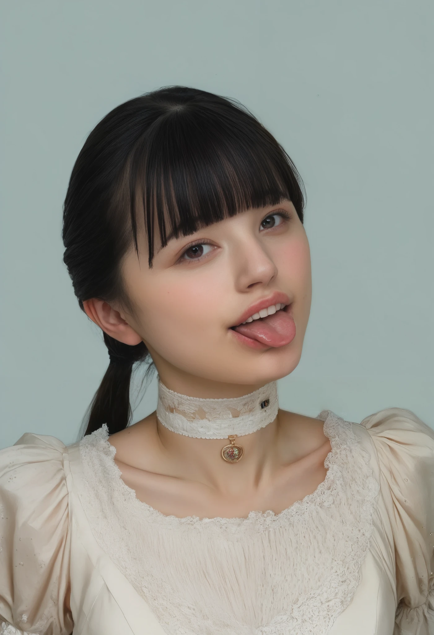 score_9,score_8_up,score_7_up,source_real, rating_safe,high resolution photograph,8k,realistic,photo-realistic, masterpiece,amazing quality,best quality, intricate details,sharp focus, solo,1girl, dress,tiny breasts,black hair,blunt bangs,detailed face,natural make-up, (small head, small face), choker, jewelry, (tongue out:1.2), forward bending, arms behind back, BREAK, pov, face focus, close-up, BREAK, (perfect anatomy, perfect hand), simple background,