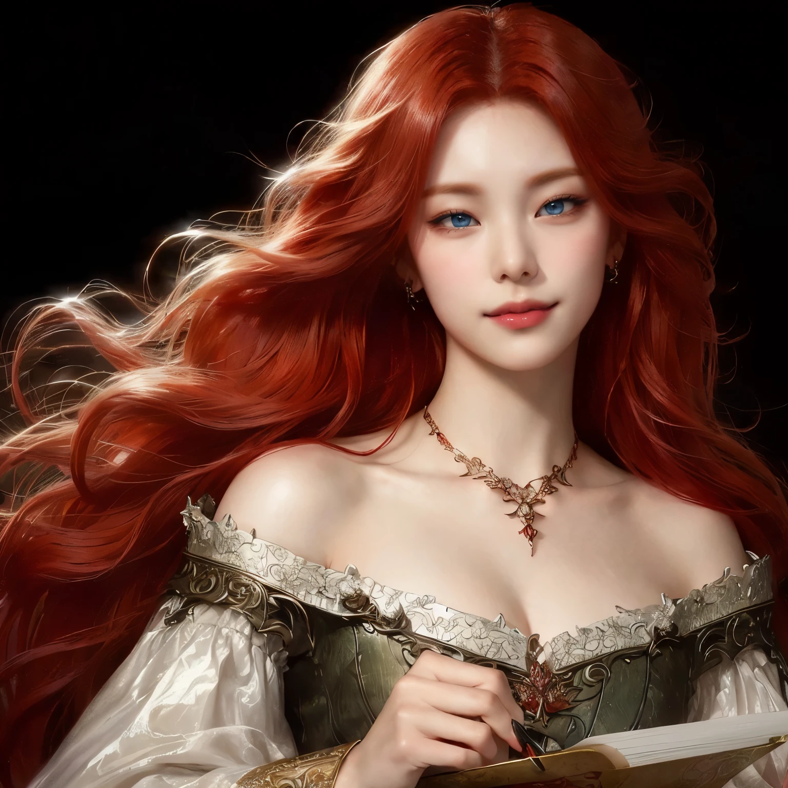 a close up of a woman with red hair holding a pen and paper, fantasy style art, fantasy art style, red haired goddess, beautiful fantasy art portrait, fantasy art portrait, in the art style of bowater, beautiful character painting, fantasy woman, maiden with copper hair, digital art fantasy art, beautiful fantasy art, fantasy art, exquisite digital illustration, fantasy artist, Yeji, Hwang Yeji