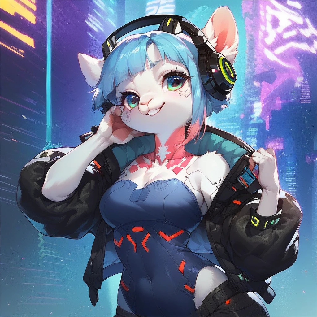Hatsune Miku Vocaloid, twin tails, light blue eyes, light blue fur, mono, cyberpunk, Ultimate physical beauty, pretty eyes, embarrassed look , big chest, 8k CG, Superior quality, Better image quality,