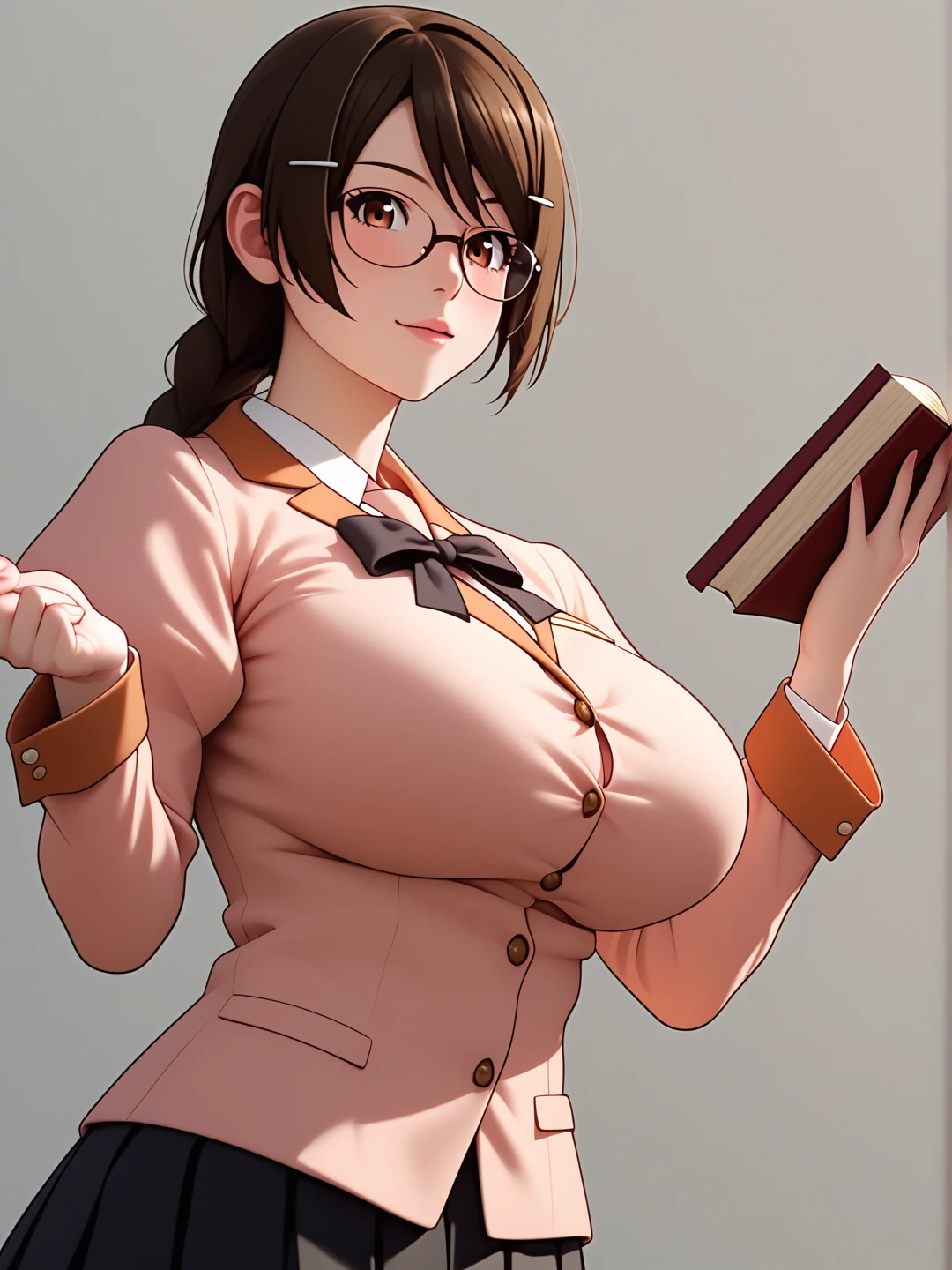  score_9,  score_8_up,  score_7_up,  score_6_up,   source_Anime, Anime_  STILLET STYLE ,   rating  _i doubt it, quality_  masterpiece  , Accurate_anatomy, Front Angle View ,  1 girl in uniform, Hanekawa, Big Breasts, ribbon, moreover _expensive_School_uniform, School uniform,   Long Sleeve  , puffy   Long Sleeve  ,   pink shirt ,   black skirt ,  Juliet skirt holding a book on her chest,   pleated skirt, clavicle,  I have glasses ,   standing with different breasts ,   cute pose ,  plain background ,Busty, chewy boobs that are too big 