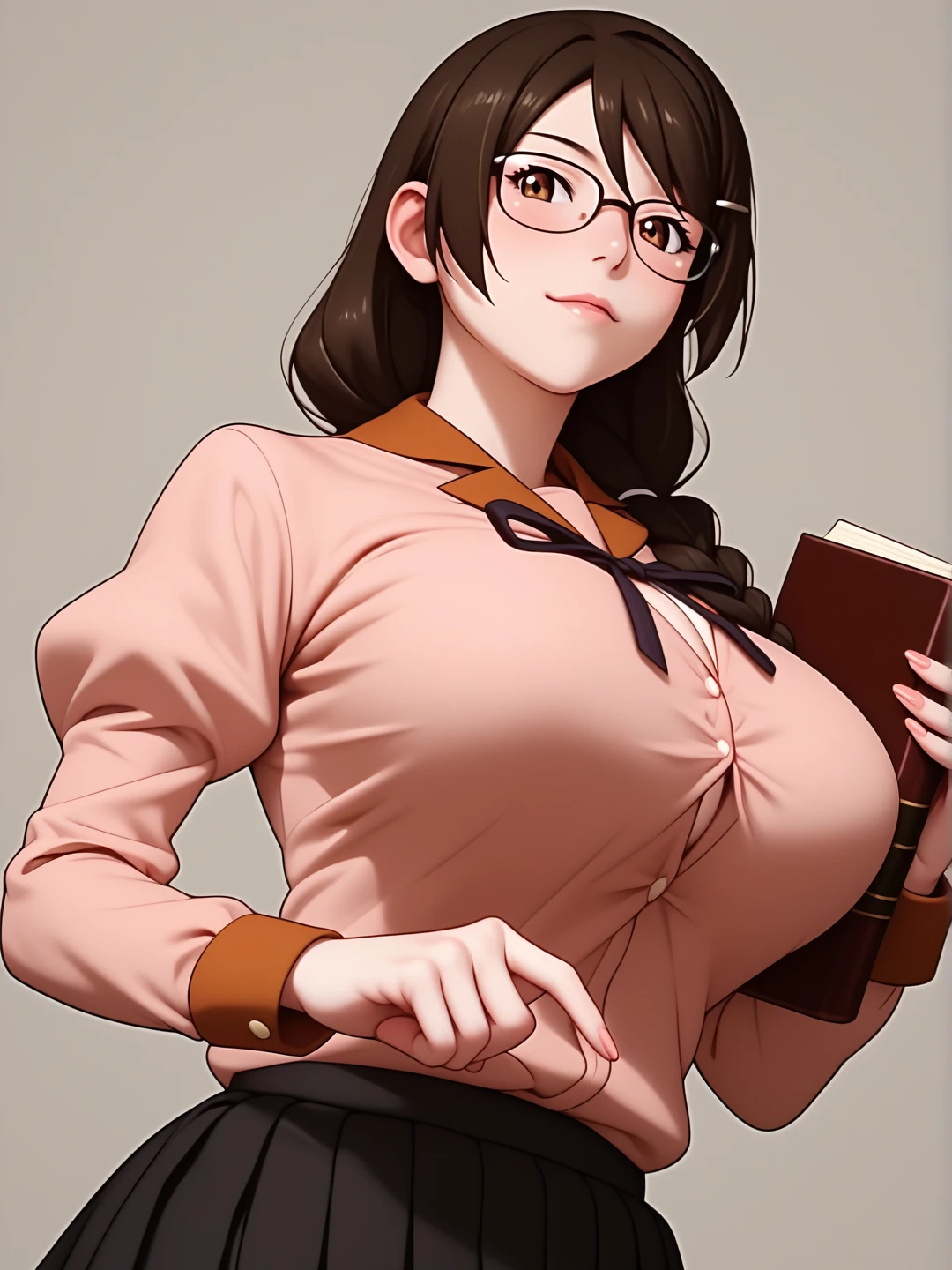  score_9,  score_8_up,  score_7_up,  score_6_up,   source_Anime, Anime_  STILLET STYLE ,   rating  _i doubt it, quality_  masterpiece  , Accurate_anatomy, Front Angle View ,  1 girl in uniform, Hanekawa, Big Breasts, ribbon, moreover _expensive_School_uniform, School uniform,   Long Sleeve  , puffy   Long Sleeve  ,   pink shirt ,   black skirt ,   Juliet skirt holding a book on her chest,   pleated skirt, clavicle,  I have glasses ,  holding a book on her chest ,   standing with different breasts ,   cute pose ,  plain background ,Busty, chewy boobs that are too big 