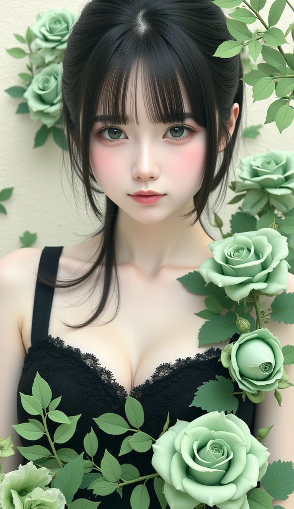  top quality 、masterpiece、 high definition 、８ｋ、 beautiful women、greenい薔薇の生け花、 Wabi Sabi Art 、 super detailed _face_eye、非常に詳細なface、  black dress、white、green、black tone 、 parchment 、 abstract flower arrangement、greenい薔薇、 dreamy art 、silence、 wallpaper、