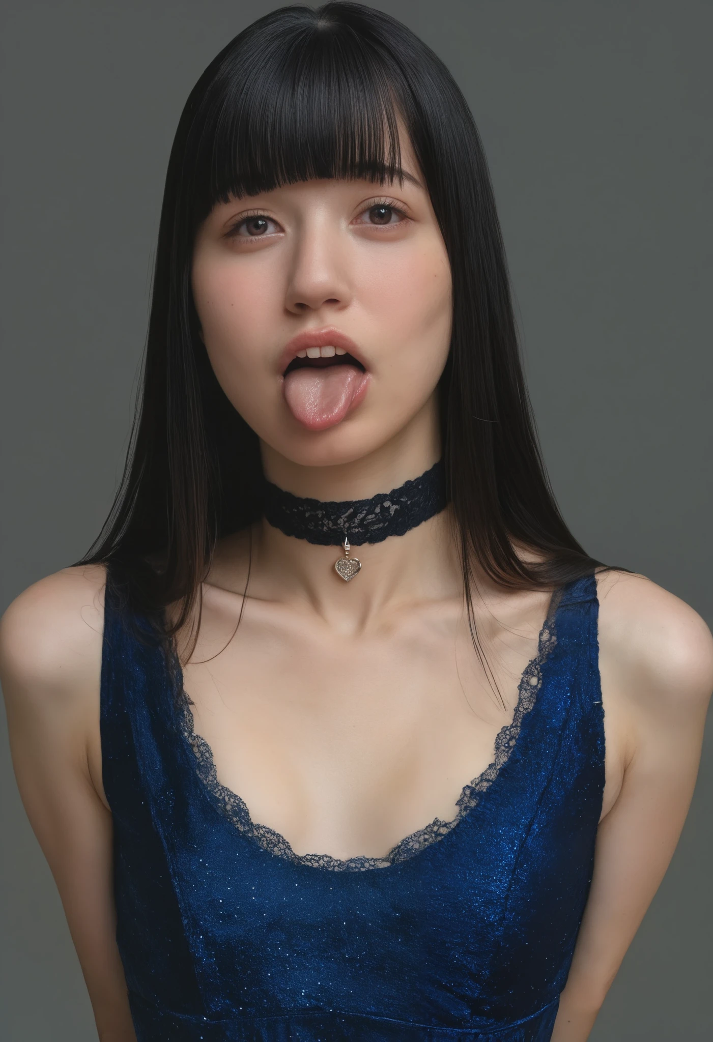 score_9,score_8_up,score_7_up,source_real, rating_safe,high resolution photograph,8k,realistic,photo-realistic, masterpiece,amazing quality,best quality, intricate details,sharp focus, solo,1girl, dress,tiny breasts,black hair,blunt bangs,detailed face,natural make-up, (small head, small face), choker, jewelry, (tongue out:1.2), forward bending, arms behind back, BREAK, pov, face focus, close-up, BREAK, (perfect anatomy, perfect hand), simple background, 