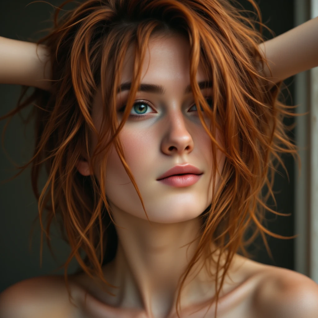 Create me a picture of the most beautiful brown-haired woman in the world. she is naked.