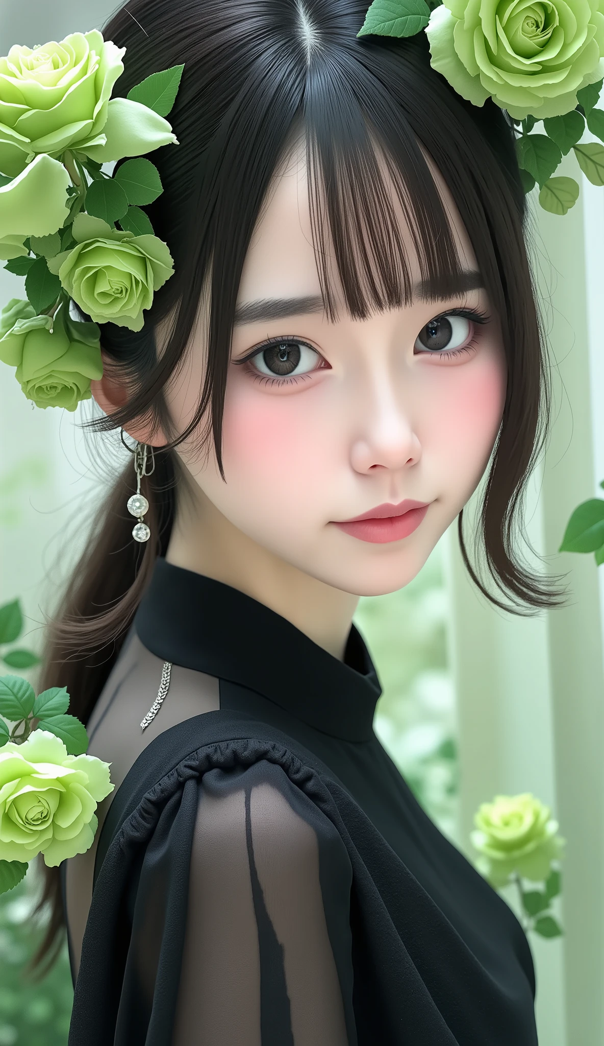  top quality 、masterpiece、 high definition 、８ｋ、 beautiful women、greenい薔薇の生け花、 Wabi Sabi Art 、 super detailed _face_eye、非常に詳細なface、  black dress、white、green、black tone 、 parchment 、 abstract flower arrangement、greenい薔薇、 dreamy art 、silence、 wallpaper、