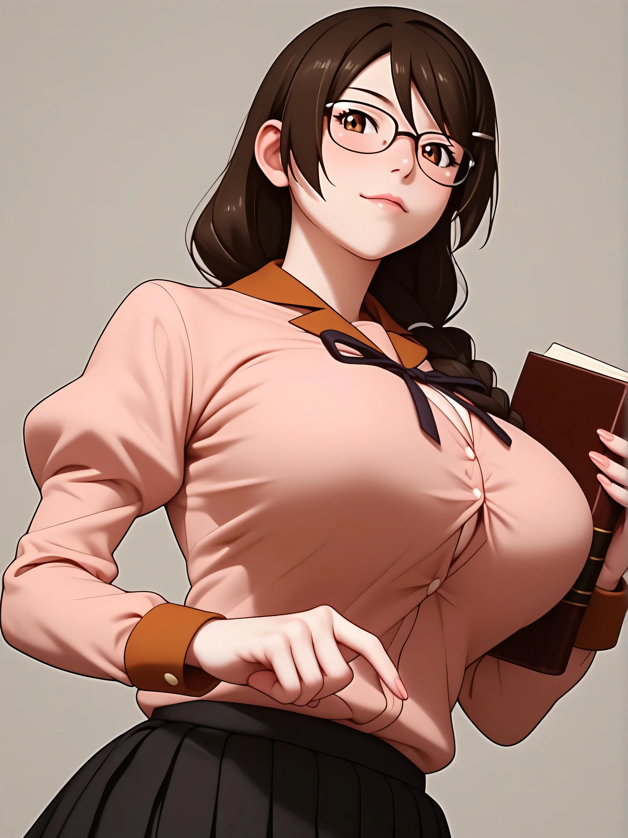  score_9,  score_8_up,  score_7_up,  score_6_up,   source_Anime, Anime_  STILLET STYLE ,   rating  _i doubt it, quality_  masterpiece  , Accurate_anatomy, Front Angle View ,  1 girl in uniform, Hanekawa, Big Breasts, ribbon, moreover _expensive_School_uniform, School uniform,   Long Sleeve  , puffy   Long Sleeve  ,   pink shirt ,   black skirt ,   Juliet skirt holding a book on her chest,   pleated skirt, clavicle,  I have glasses ,  holding a book on her chest ,   standing with different breasts ,   cute pose ,  plain background ,Busty, chewy boobs that are too big 