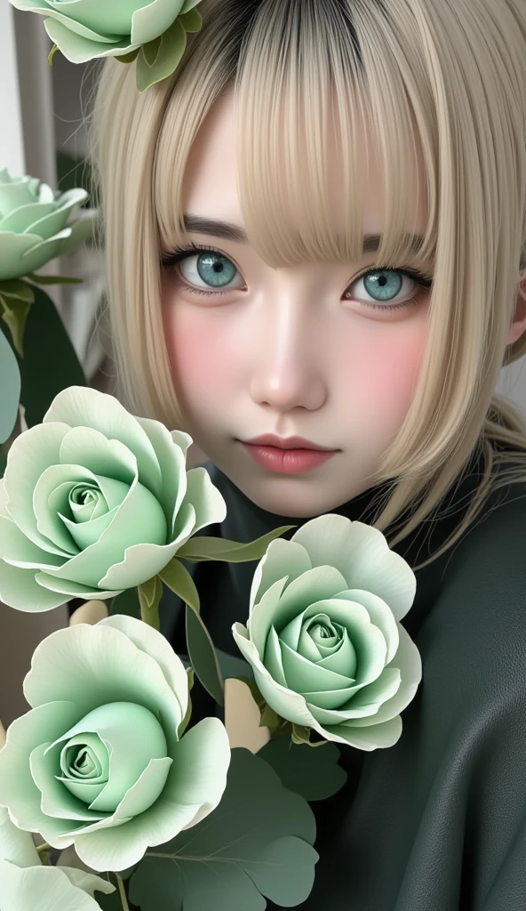  top quality 、masterpiece、 high definition 、８ｋ、 beautiful women、 blondes、片eyeが髪の毛に隠れている、greenい薔薇の生け花、 Wabi Sabi Art 、 super detailed _face_eye、非常に詳細なface、  black dress、white、green、black tone 、 parchment 、 abstract flower arrangement、greenい薔薇、 dreamy art 、silence、 wallpaper、