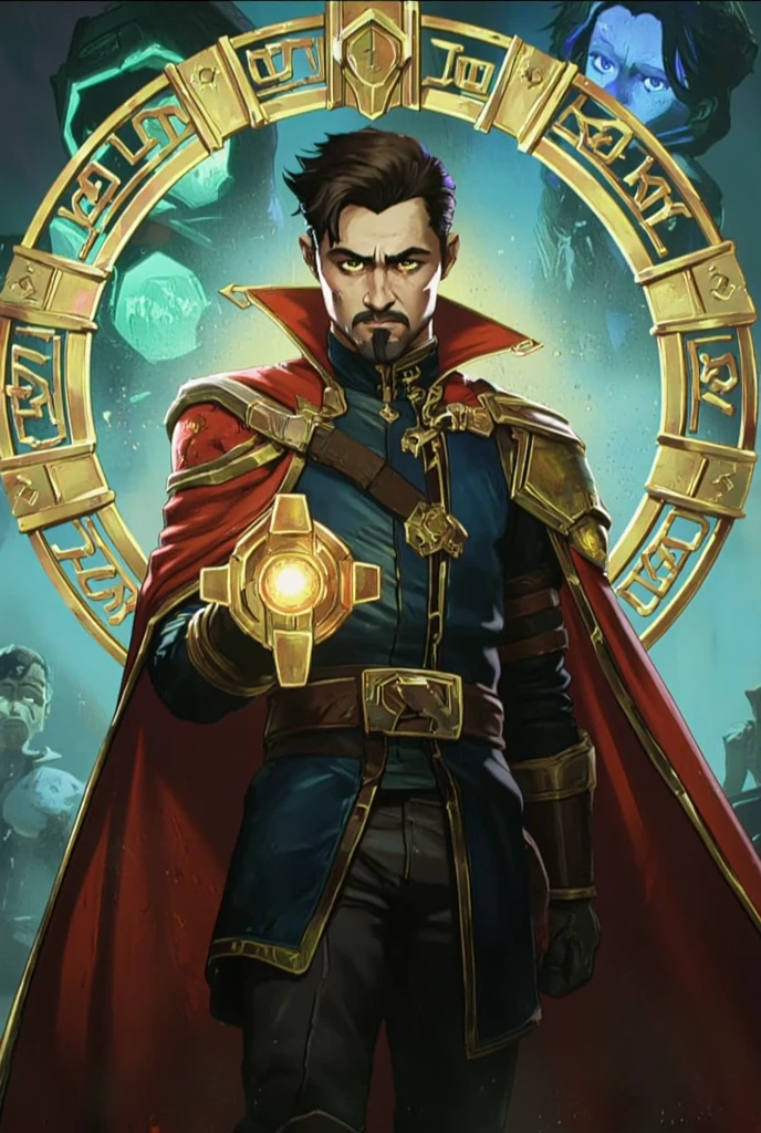 A mesmerizing Arcane-style illustration of Doctor Strange, standing in a circle of glowing runes with mystical energy swirling around him. His crimson cloak billows as if alive, with magical symbols stitched into the fabric. Doctor Strange's dark brown hair is styled with subtle, controlled waves, and his goatee gives him a sharp, mysterious look. His eyes glow with the power of the Eye of Agamotto, casting an ethereal light on his surroundings. The background is a surreal, shifting dimension, with fragmented realities merging in the distance.