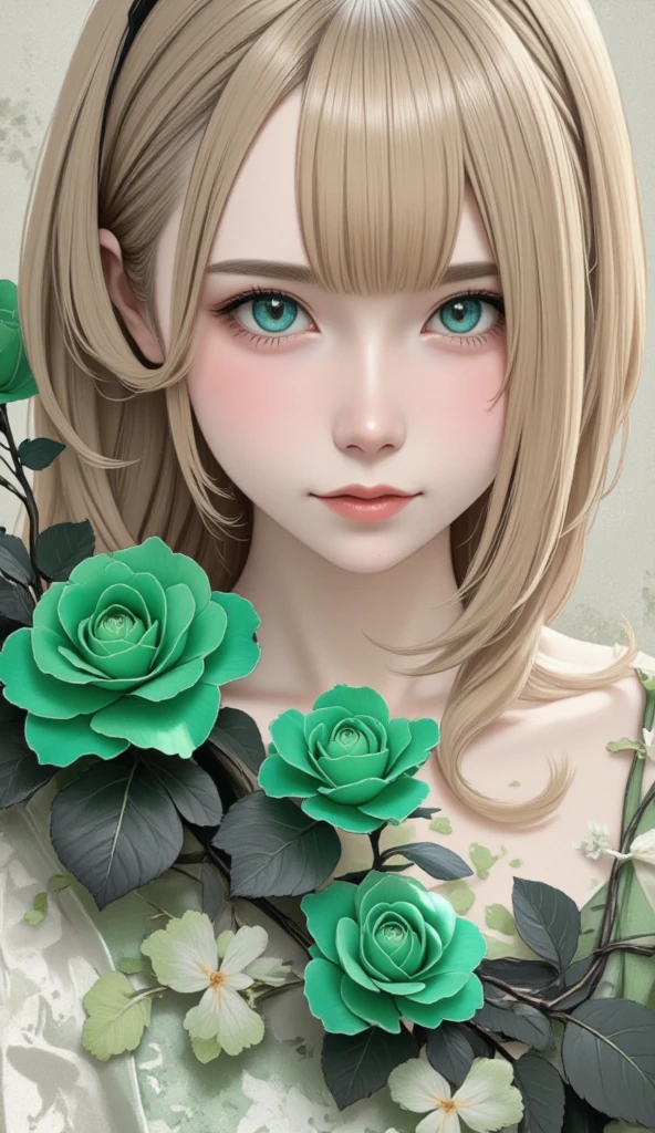  top quality 、masterpiece、 high definition 、８ｋ、 beautiful women、 blondes、片eyeが髪の毛に隠れている、greenい薔薇の生け花、 Wabi Sabi Art 、 super detailed _face_eye、非常に詳細なface、  black dress、white、green、black tone 、 parchment 、 abstract flower arrangement、greenい薔薇、 dreamy art 、silence、 wallpaper、