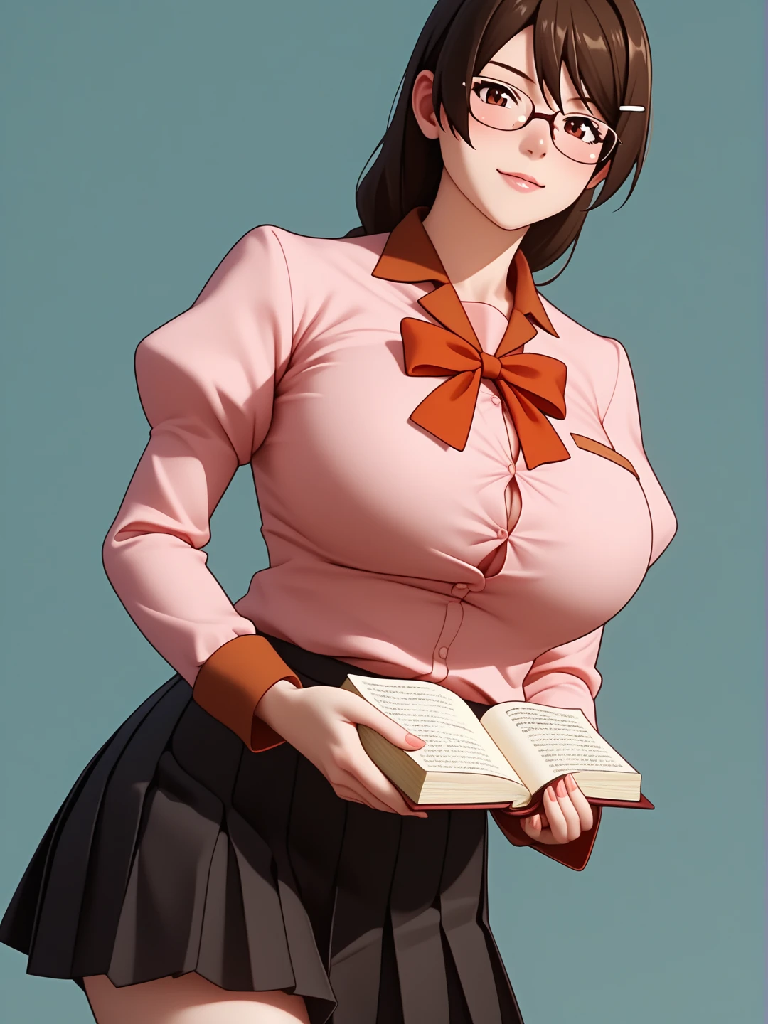  score_9,  score_8_up,  score_7_up,  score_6_up,   source_Anime, Anime_  STILLET STYLE ,   rating  _i doubt it, quality_  masterpiece  , Accurate_anatomy, Front Angle View ,  1 girl in uniform, Hanekawa, Big Breasts, ribbon, moreover _expensive_School_uniform, School uniform,   Long Sleeve  , puffy   Long Sleeve  ,   pink shirt ,   black skirt ,   Juliet skirt holding a book on her chest,   pleated skirt, clavicle,  I have glasses ,  holding a book on her chest ,   standing with different breasts ,   cute pose ,  plain background ,Busty, chewy boobs that are too big 