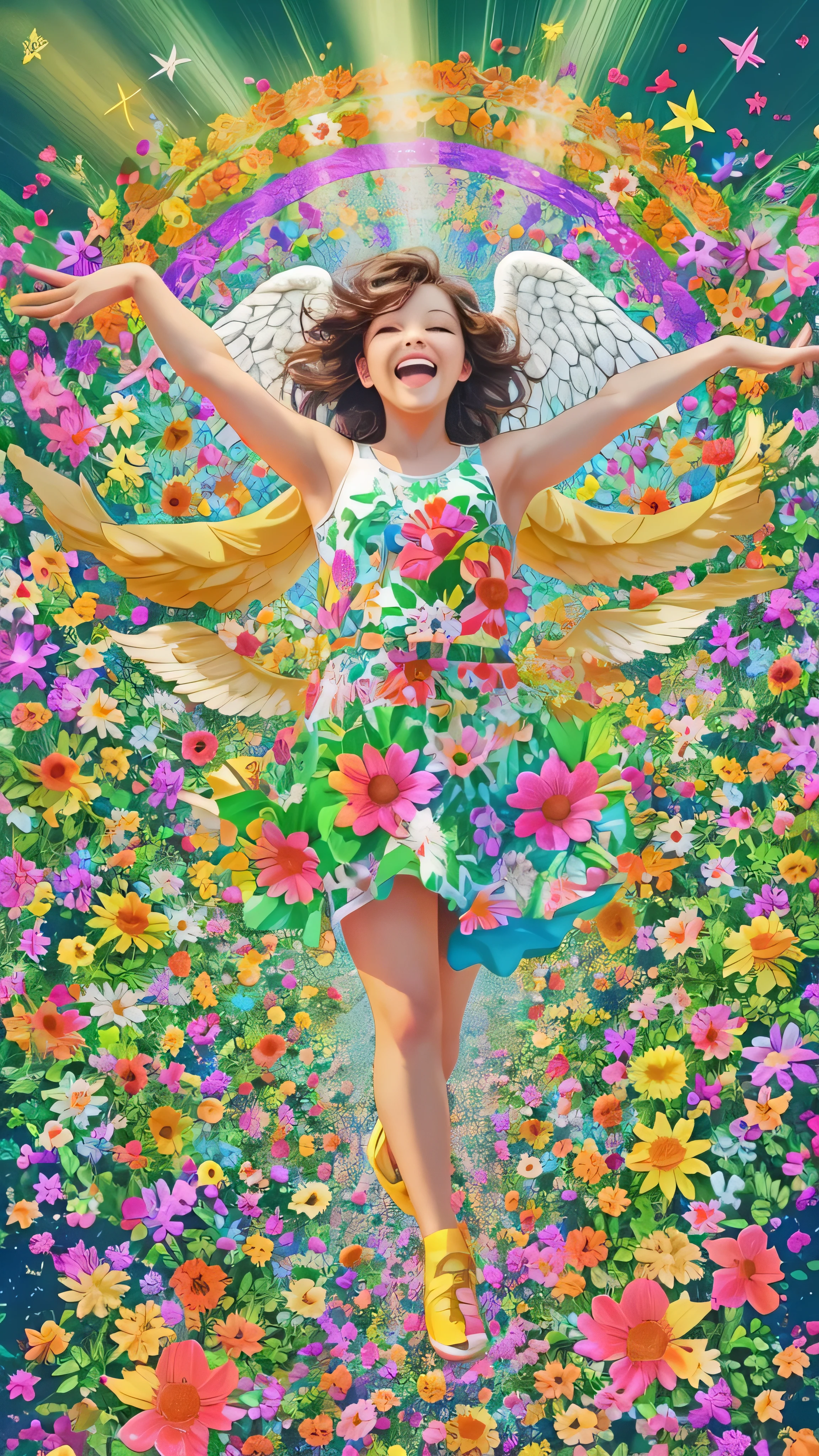  full body high definition image ，pop art 、Angel Art, Everybody jump, smile, joy, heaven, like, garden, happiness, light,  colorful background。