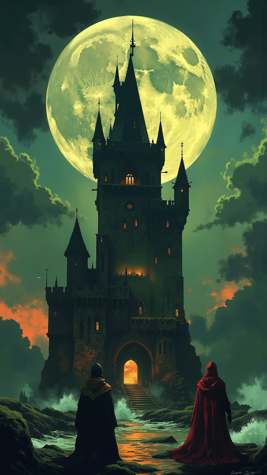 wallpaper, Lonely Island ,  Gothic medieval tower ,  front view,  huge full moon on the skyline behind the tower,  many wizards in colorful hoodies head to the tower 