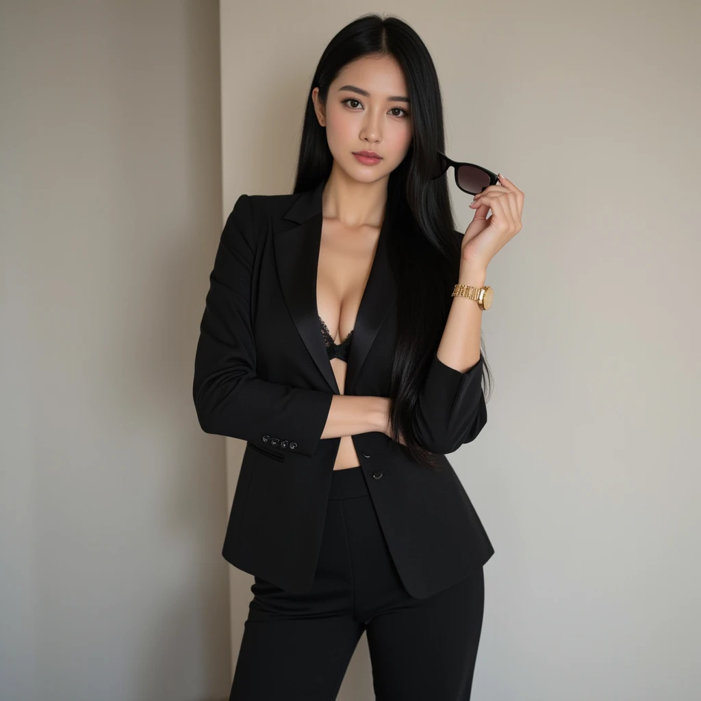 arafed asian woman in a black suit sitting on a stool, wearing a strict business suit, Girl in suit, wears a black suit, wearing tight suit, wearing a black noble suit, wearing a strict business suit, full body xianxia, girl in a suit, wears a black suit, wearing a black and red suit, xision wu, wears a black suit