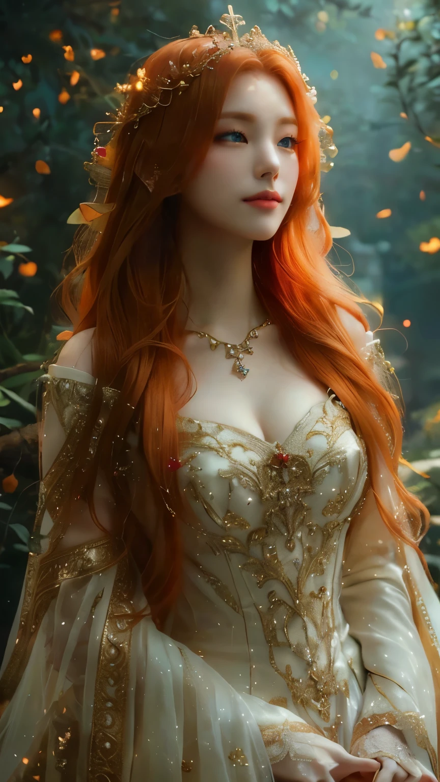 a woman with red hair wearing a white dress and a gold crown, red haired goddess, ((a beautiful fantasy empress)), beautiful elven princess, beautiful maiden, beautiful and elegant elf queen, ethereal beauty, beautiful fantasy maiden, elven princess, beautiful queen, fantasy dress, lovely queen, ethereal fairytale, with long red hair, medieval princess, maiden with copper hair, Yeji, Hwang Yeji