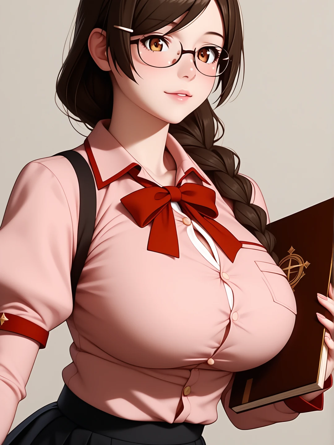  score_9,  score_8_up,  score_7_up,  score_6_up,   source_Anime, Anime_  STILLET STYLE ,   rating  _i doubt it, quality_  masterpiece  , Accurate_anatomy, Front Angle View ,  1 girl in uniform, Hanekawa, Big Breasts, ribbon, moreover _expensive_School_uniform, School uniform,   Long Sleeve  , puffy   Long Sleeve  ,   pink shirt ,   black skirt ,   Juliet skirt holding a book on her chest,   pleated skirt, clavicle,  I have glasses ,  holding a book on her chest ,   standing with different breasts ,   cute pose ,  plain background 