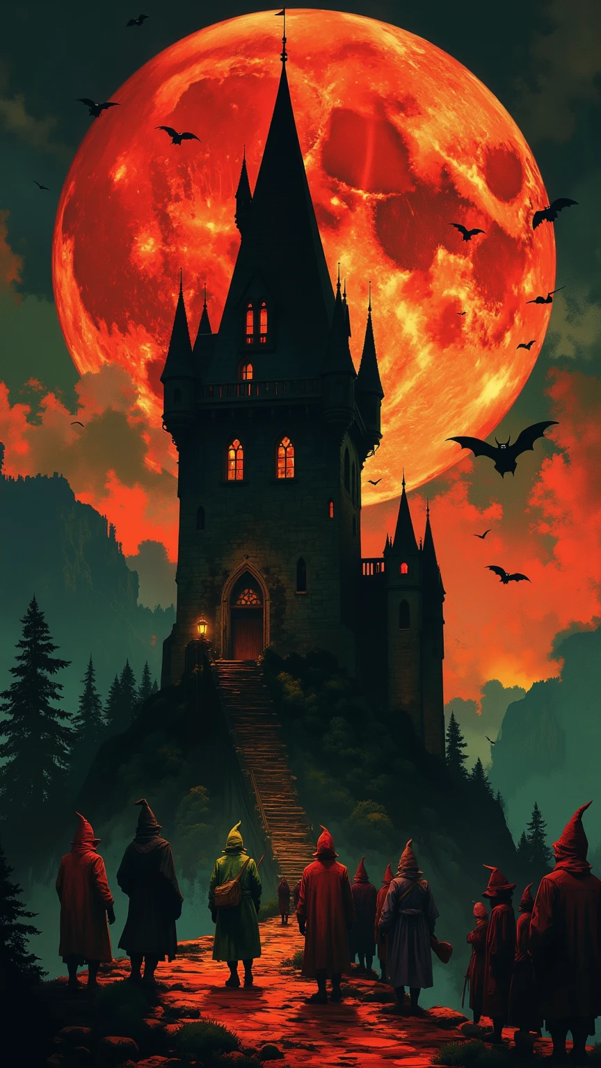 wallpaper, Lonely Island ,  Gothic medieval tower ,  front view,  huge full moon on the skyline behind the tower,  many wizards in colorful hoodies head to the tower , Larger Tower , red moon,  bats leave the tower in flying