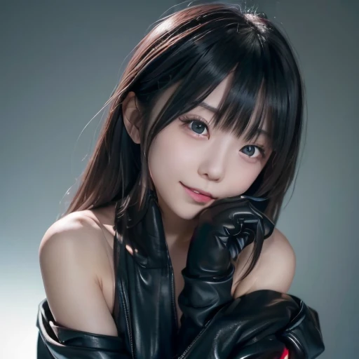 (((Beautiful girl small breasts))), Japanese girl、Wearing a black jacket、(((Black gloves)))、Long Hair,、Cyberpunk Red Green Background、(((Upper body naked))),smile,,、Round face,Big eyes, Round eyes、No makeup、Sweaty