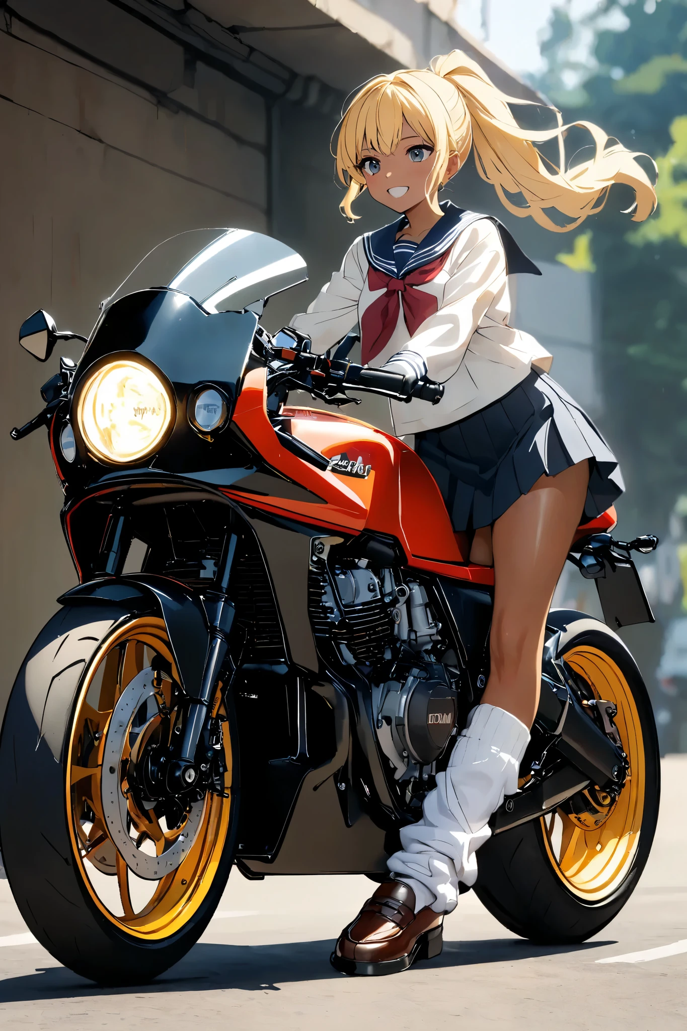 1 high school girl rides a motorcycle tuned to Honda CBX400F cafe racer specifications, a separate handlebars, rocket cowl, sailor suit, loose socks, loafers, glossy brown skin, small breasts, video, Yellow Hair, ponytail,  inviting ,  top quality , 