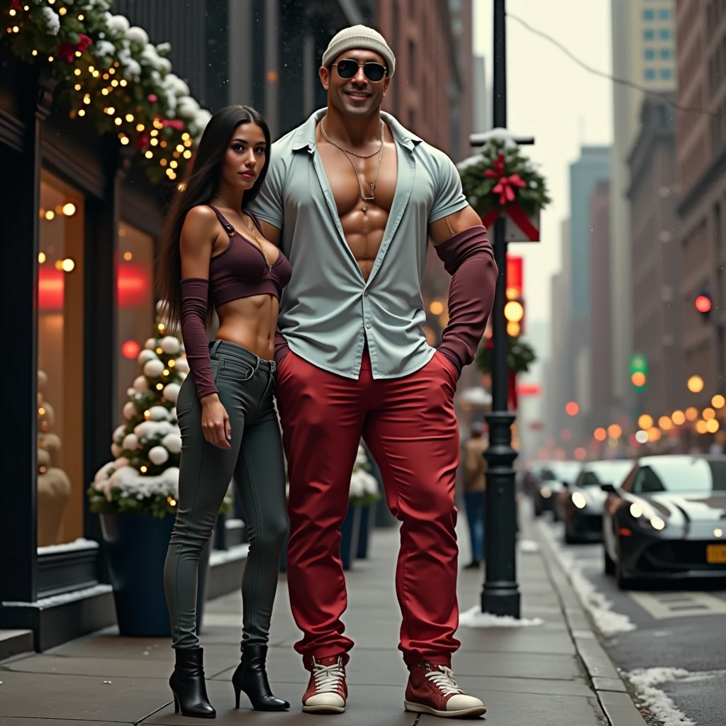 Smiling Nora fatehi in black leather jacket lifting a large chubby man over her head in a empty street, full view
