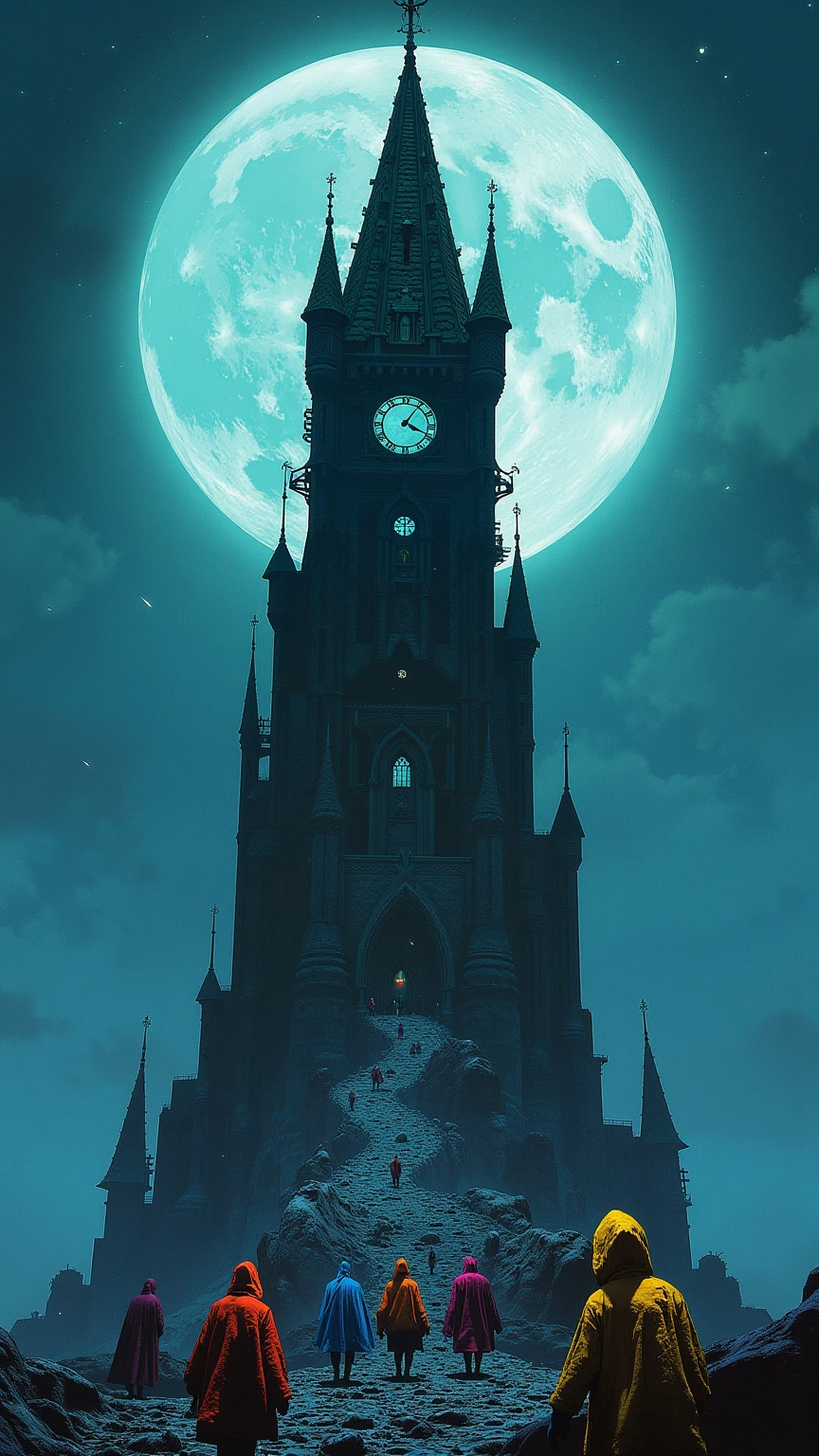 wallpaper, Lonely Island ,  Gothic medieval tower ,  front view,  huge full moon on the skyline behind the tower,  many wizards in colorful hoodies head to the tower , blue