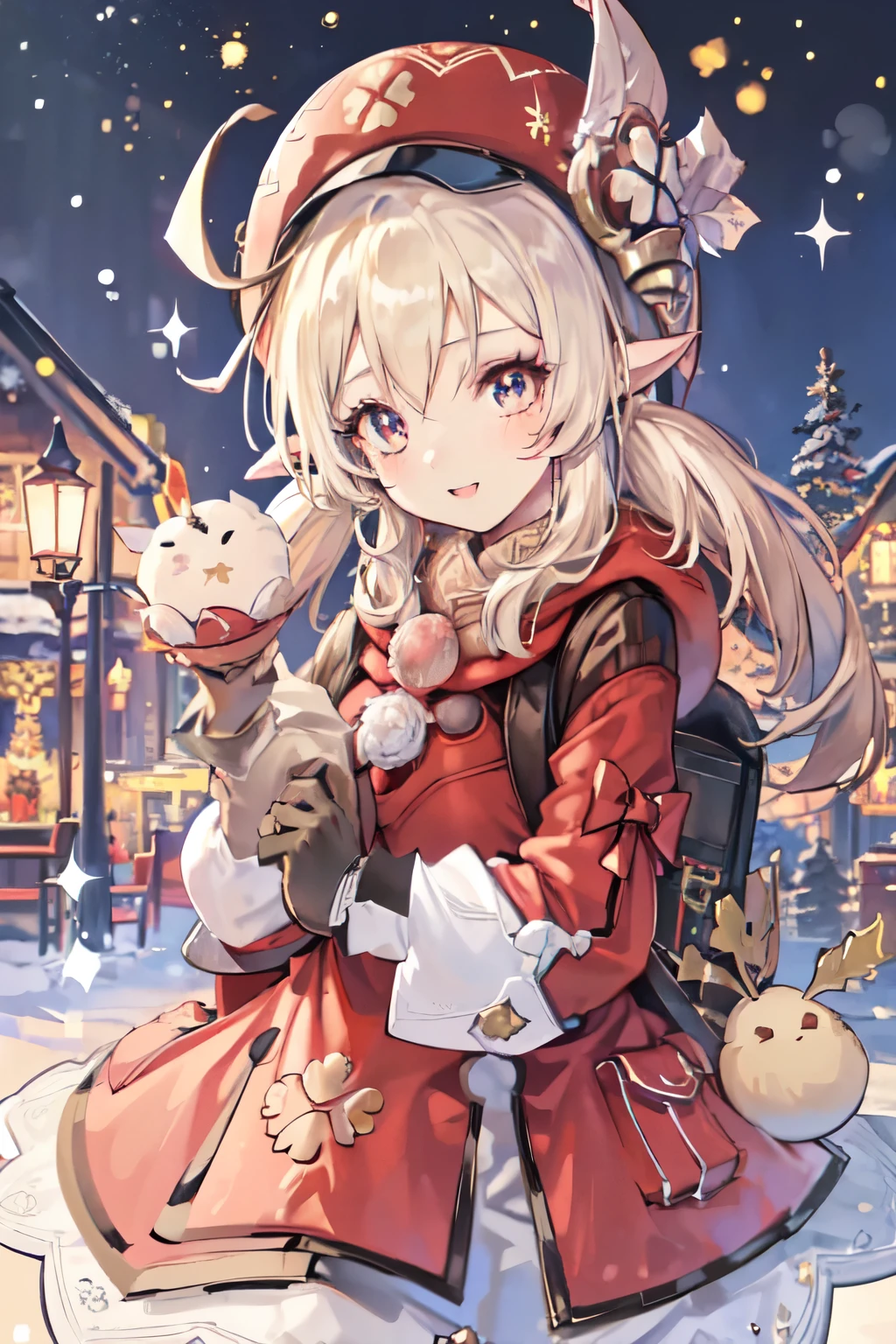 1girl, Klee from Genshin Impact, christmas outfit, cute excited expression, giving cute bomb gift, detailed face, beautiful detailed eyes, beautiful detailed lips, extremely detailed face, long eyelashes, anime, 8k, high quality, vibrant colors, soft lighting, warm color palette, festive atmosphere, winter landscape, snow, christmas tree, fairy lights, holiday cheer