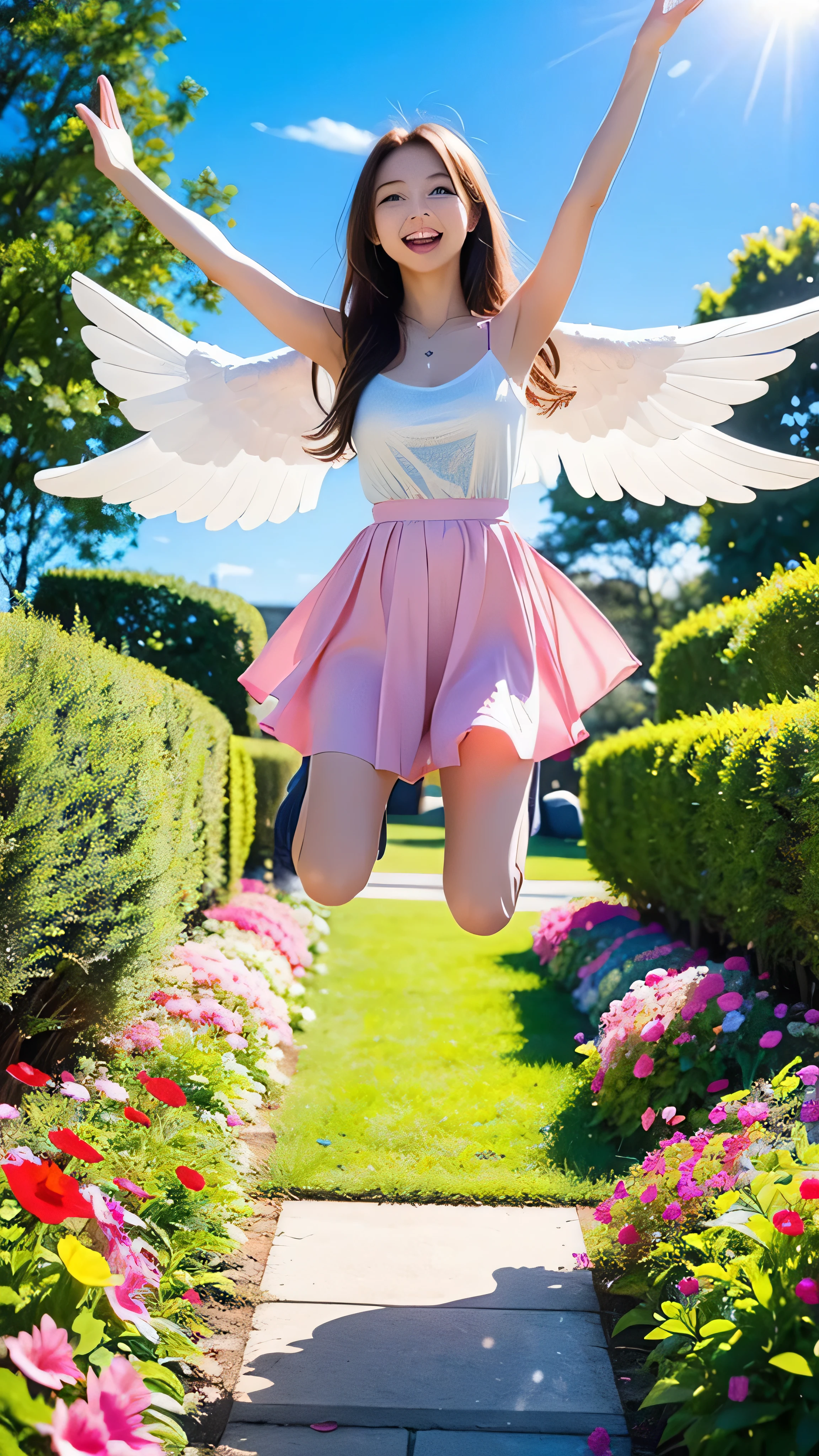  full body high definition image ,pop art 、Angel Art, Everybody jump, smile, joy, heaven, like, garden, happiness, Light,  colorful background。