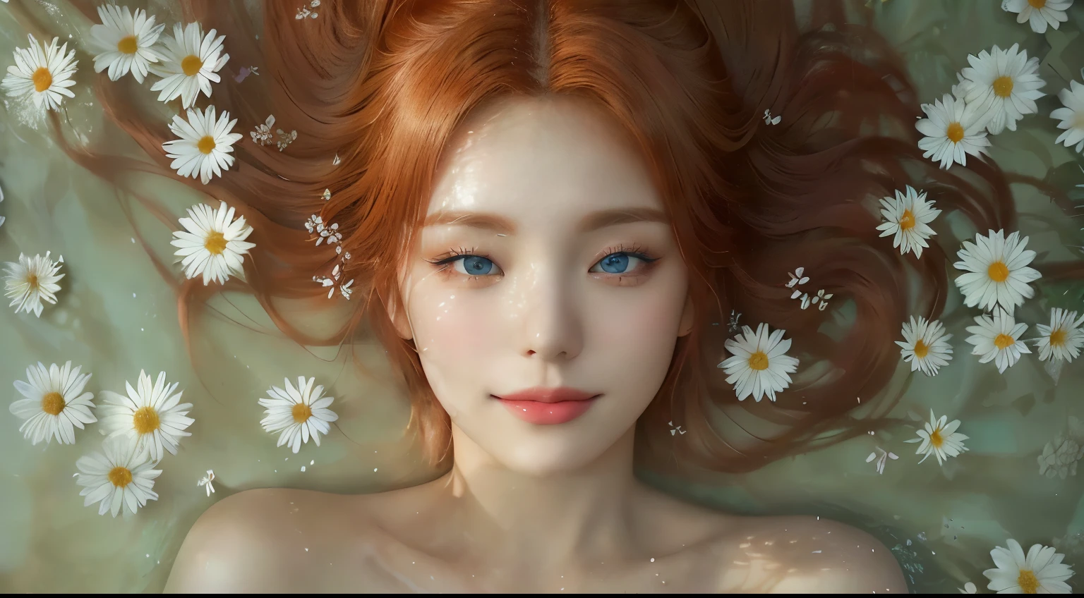 there is a woman with red hair and blue eyes laying in a pool of flowers, beautiful digital artwork, beautiful digital illustration, beautiful digital art, redhead girl, beautiful realistic photo, highly realistic digital art, beautiful gorgeous digital art, soft portrait shot 8 k, ethereal beauty, gorgeous digital art, ultra-realistic digital art, very realistic digital art, realistic digital art, Yeji, Hwang Yeji