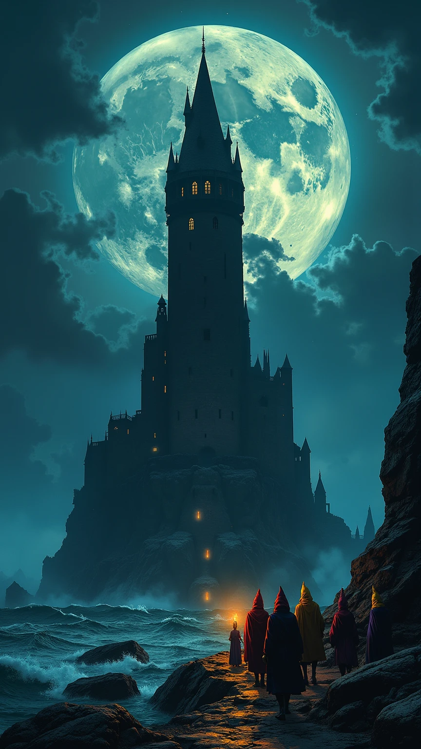 wallpaper, Lonely Island ,  Gothic medieval tower ,  front view,  huge full moon on the skyline behind the tower,  many wizards in colorful hoodies head to the tower , blue