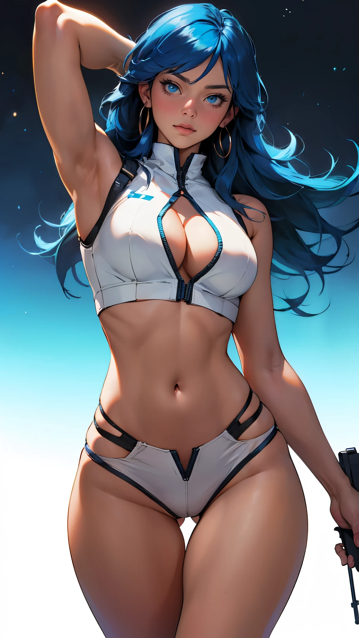 ((Masterpiece, highest quality; 1.3)), super quality, beautiful detail, super detailed, extra fine, 16K, exquisite, absurd, high resolution, beautiful background, detailed background, beautiful eyes, beautiful skin, anime style, dirtypairyuri, Dirty Pair Yuri in a skimpy white outfit, long blue hair, blue eyes, earrings, white uniform, white crop top, cutout, sleeveless, wearing tight clothing, skimpy, (breasts: 1.2), cleavage, cleavage, , obliques, fit arms, slim waist, ((wide hips)), fit thighs, (thigh gap), showing stomach, (skinny frame), wide hips, cyberpunk city background, holding a retro space gun