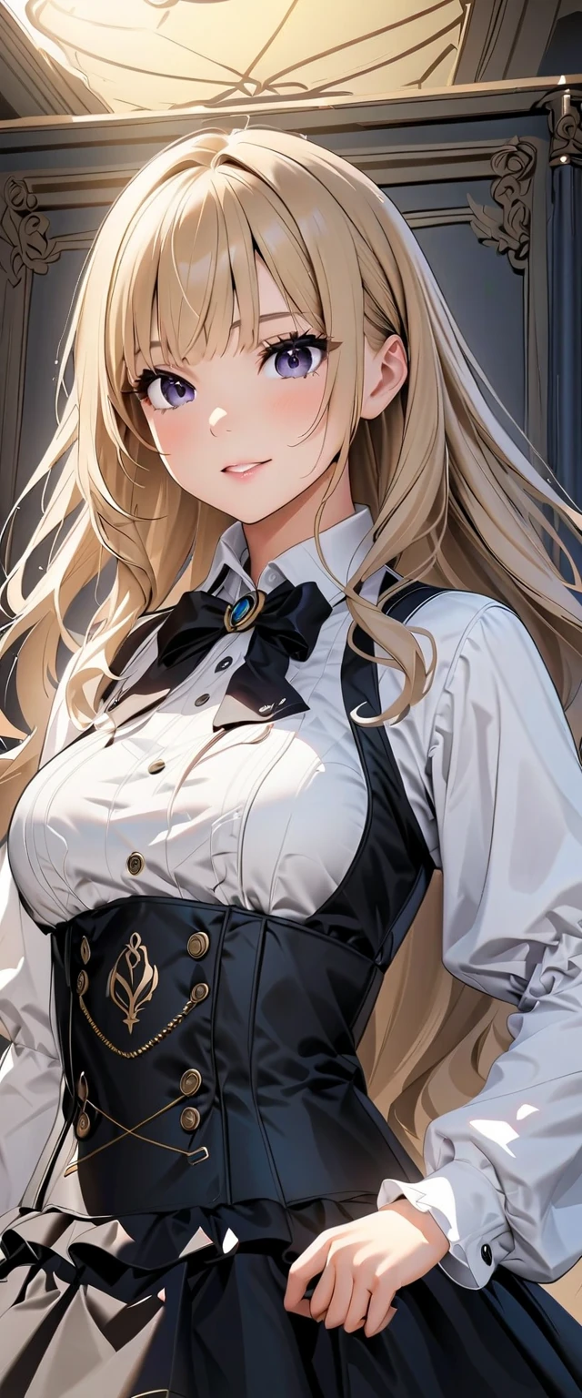 close up 1girl in, teenager, Solo, Aesthetic artwork, blond, straight blonde hair, super long blonde hair, light blue eyes,  some small freckles, pale skin, A-cup, small breasts, runners body, (thin hips, thin waist: 1.25), detailed skin, shy smile, wearing a steampunk dress, leather corset, top hat, ornamental copper, portrait, 50mm, 4k textures, soft cinematic light, RAW intricate, elegant, highly detailed, sharp focus, ((((cinematic look)))), soothing tones, insane details, intricate details, hyperdetailed, low contrast, soft cinematic light, dim colors, exposure blend, hdr, faded