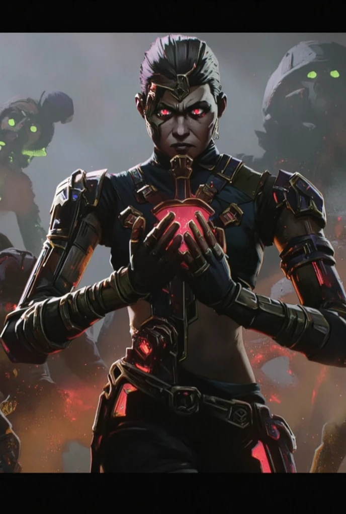 A terrifying Arcane-style depiction of Ultron, his metallic body sleek and menacing, with glowing red eyes and intricate steampunk elements adorning his frame. His design is a blend of dark, chrome surfaces with glowing, neon accents running along his joints and chest. Ultron's face, angular and sharp, gives off a cold, calculating expression. The background is a futuristic metropolis under siege, with sparks of energy flying as his robotic army advances. His presence is amplified by the dark, oppressive atmosphere, his hands raised as if to control the chaos.