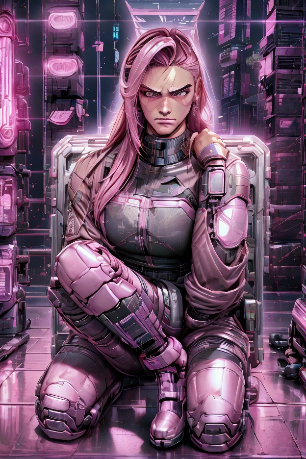 Broad shouldered male. Pink hair, mullet, brown eyes, stern face, furrowed brow, black longsleeve shirt with cybernetic silver boots that go up to his thighs. Bulky, silver, metal boots. Visor. Cyberpunk colors, cyberpunk city background. 