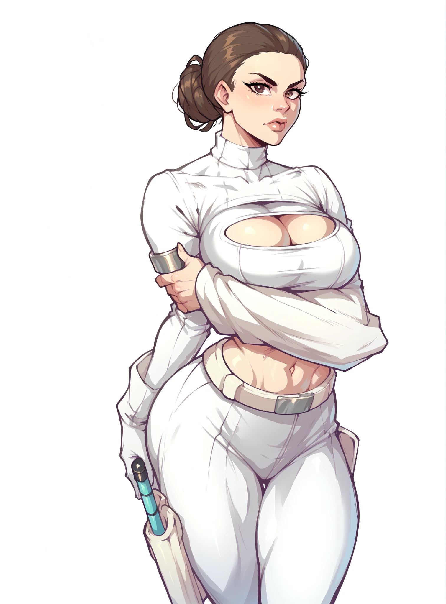 zPDXL2, source_anime,
 white background, 
cowboy shot,, thighs, , 1girl, solo, looking at viewer, large breasts, 
white pants,white bodysuit, belt, holster, cleavage,hair bun,, midriff, navel, ass,
 