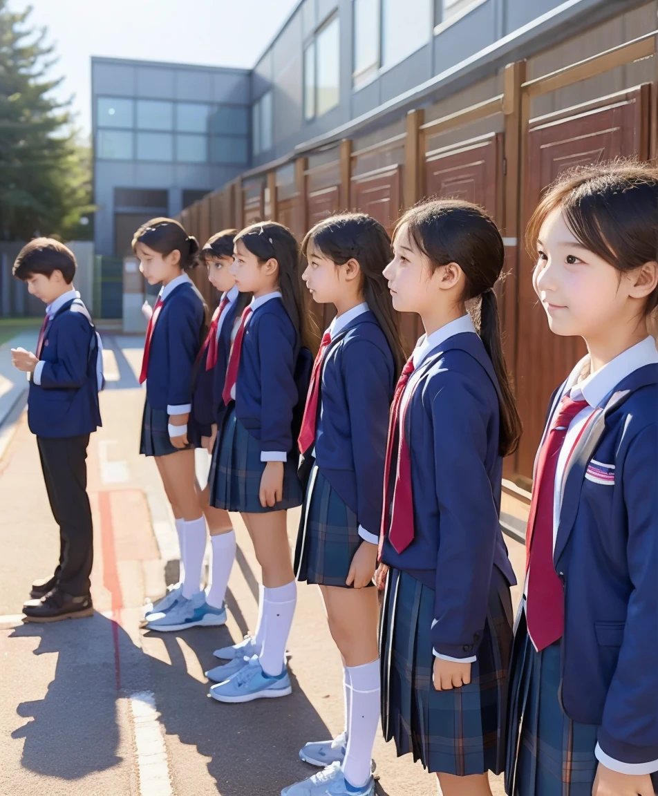  s,Middle school students quietly line up before entering the classroom,cute, Masterpiece, Details